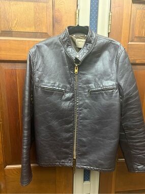 Men's Dark Brown Leather Bomber Jacket with Stand Collar